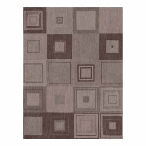 Brown square mosaic pattern custom tufted wool rug, 9'x12', featuring nested geometric design in various shades of brown and mauve