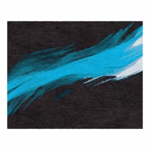 Modern wool area rug with bold turquoise brushstroke design on black background