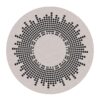 10-foot round tufted wool rug with modern equalizer sound wave design in black dots on beige background