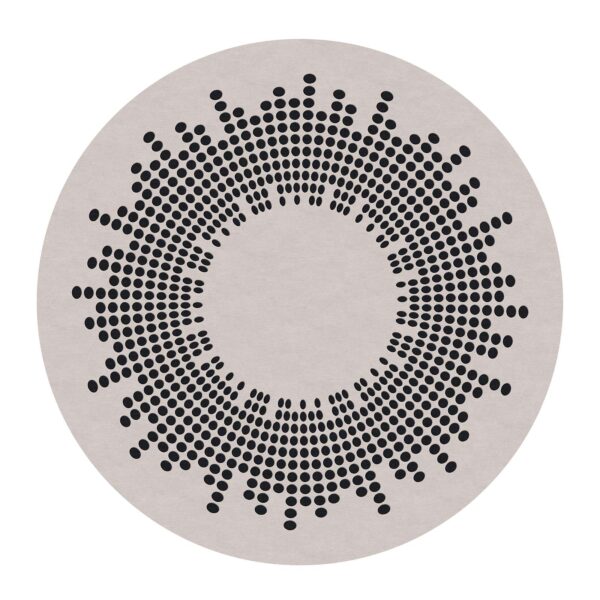 10-foot round tufted wool rug with modern equalizer sound wave design in black dots on beige background