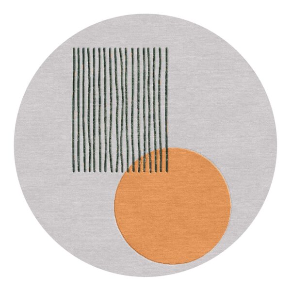 6-foot round tufted wool rug with modern geometric design featuring gray background, orange circle, and green vertical lines