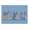 Custom tufted wool rug featuring stylized London skyline with The Shard in blue and gold tones, 5'x7' size