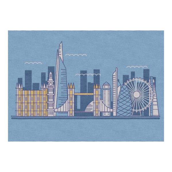 Custom tufted wool rug featuring stylized London skyline with The Shard in blue and gold tones, 5'x7' size