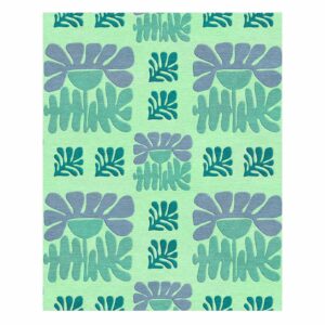 Modern wool area rug with geometric floral pattern in mint green, turquoise, and slate blue, tropical abstract design