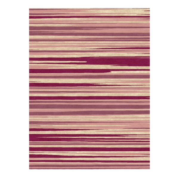 Morandi-inspired custom tufted wool rug with muted red and cream horizontal stripes, 9'x12'