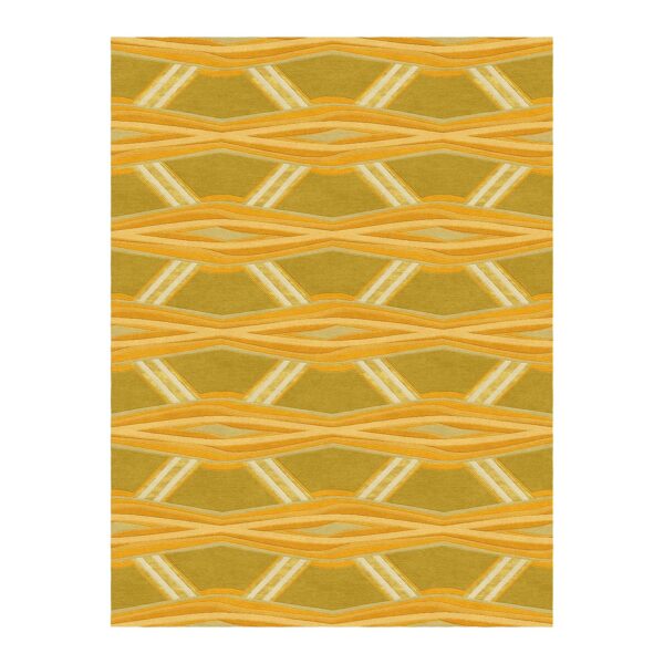 Custom tufted wool rug with yellow geometric wave pattern, 9x12 ft