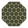 Moss green octagonal rug with pink geometric star pattern, custom tufted from New Zealand wool, 8 feet in diameter