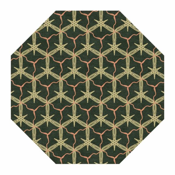 Moss green octagonal rug with pink geometric star pattern, custom tufted from New Zealand wool, 8 feet in diameter