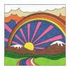 Psychedelic wool tufted rug with retro mountain sunset scene, radiating sunburst design and rainbow path through green valleys, 10x10 square