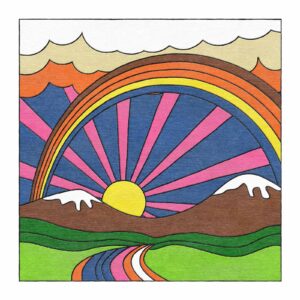 Psychedelic wool tufted rug with retro mountain sunset scene, radiating sunburst design and rainbow path through green valleys, 10x10 square