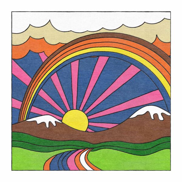 Psychedelic wool tufted rug with retro mountain sunset scene, radiating sunburst design and rainbow path through green valleys, 10x10 square