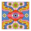 Psychedelic wool tufted rug with central pink eye motif, rainbow waves, and retro flower pattern, 8x8 square format