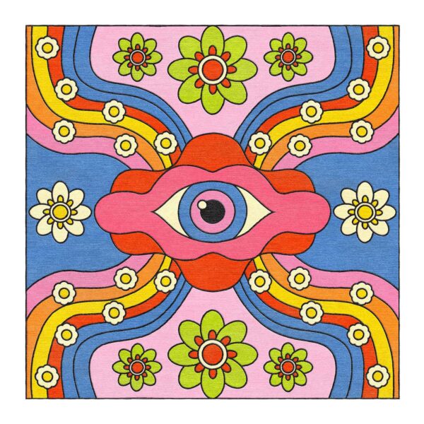 Psychedelic wool tufted rug with central pink eye motif, rainbow waves, and retro flower pattern, 8x8 square format