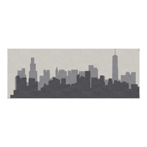 Modern gray New York City skyline hand-tufted wool runner rug featuring Manhattan skyscrapers silhouette