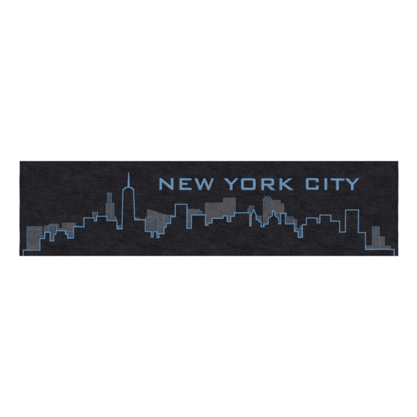 Modern New York City skyline runner rug with blue linear design on black background