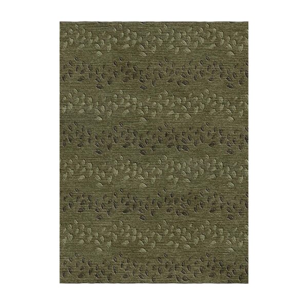 Custom tufted olive green rug with organic leaf-like texture pattern, 5'x7'