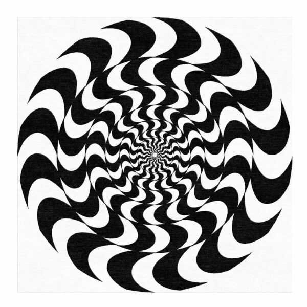 Round wool rug with hypnotic black and white wave pattern creating 3D vortex optical illusion, 8 foot diameter