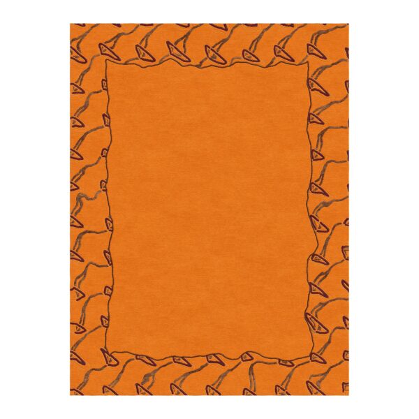 Vibrant orange custom tufted rug with unique abstract border pattern, 9x12 feet