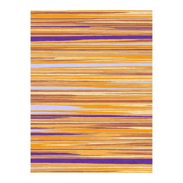 Vibrant custom tufted rug with horizontal stripes in orange, purple, and neutral tones, 9x12 feet