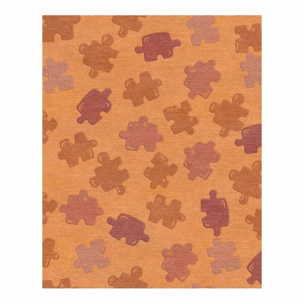 Custom tufted 8x10 rug with orange-toned puzzle piece pattern