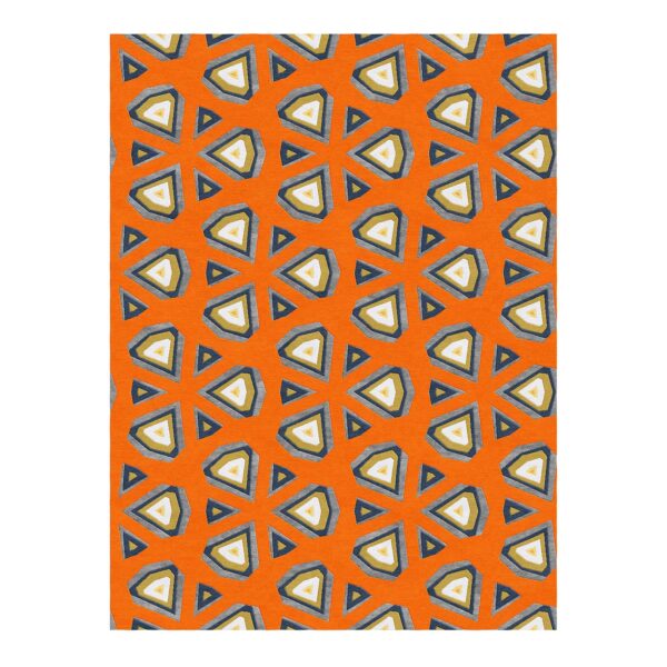 Vibrant orange custom tufted rug with retro inspired geometric pattern in white, navy, and gray, 9x12 feet