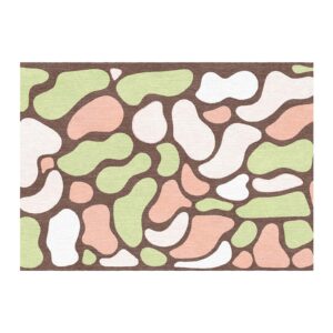 Custom tufted wool rug with pastel organic shapes in light green, peach, and cream on brown background, size 5x7 feet