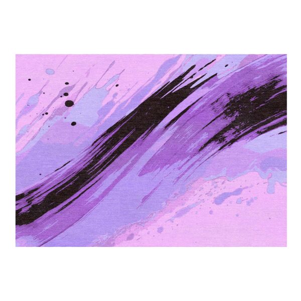 Abstract purple and lilac brushstroke pattern tufted wool rug with black diagonal streaks and paint splatter effects