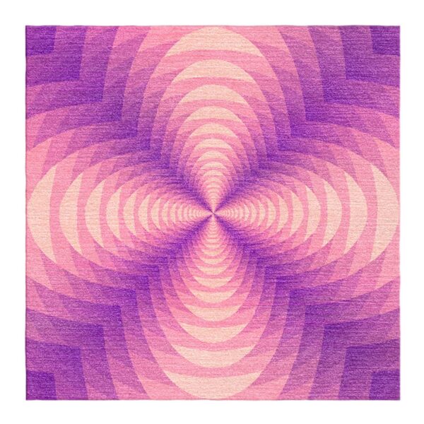 Square wool rug with geometric clover pattern featuring purple to pink gradient and radiating design