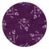 Round purple tufted wool rug with lavender skull and bones pattern, 8 foot diameter