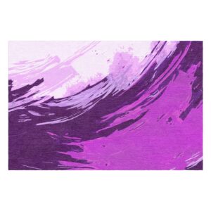 Abstract purple wool rug with dramatic wave-like brushstrokes ranging from deep aubergine to soft lavender