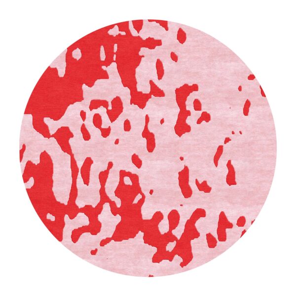 Custom tufted 8-foot round rug with abstract red and pink coral-inspired pattern, made from New Zealand wool