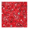 Square red wool rug with classic bandana paisley pattern featuring white and black motifs, flowers, and decorative swirls