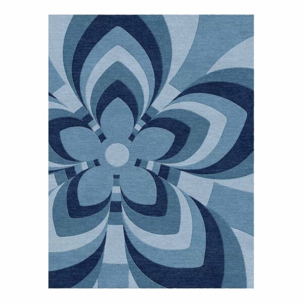 Custom tufted wool area rug with retro blue flower design, 9'x12'