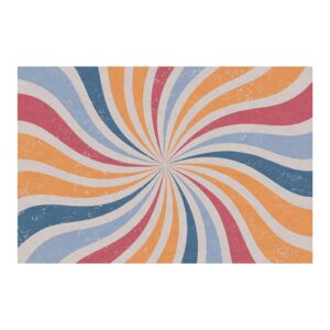 Custom tufted wool rug featuring colorful retro swirl burst pattern in orange, blue, pink, and cream, 6'x9' size