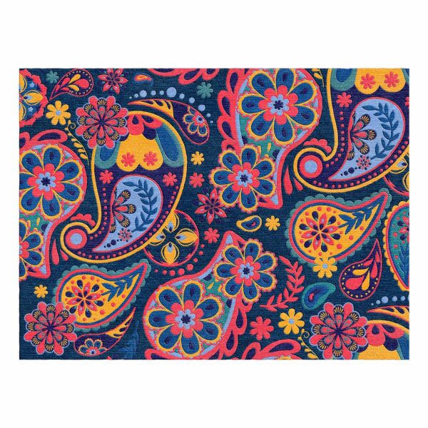 Vintage-inspired wool area rug with colorful paisley pattern in navy coral yellow and blue