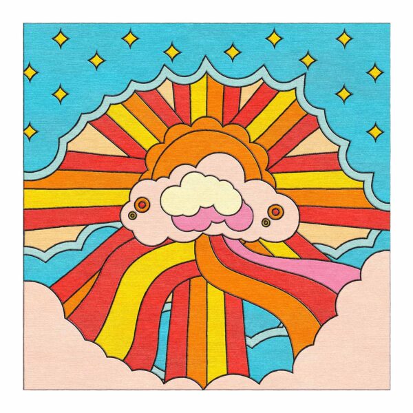 Psychedelic wool tufted rug with rainbow sunburst pattern and clouds on turquoise background, 6x6 square format