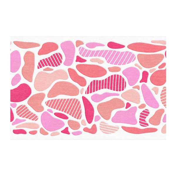 Custom tufted wool rug with abstract fluid shapes in various shades of pink on white background, size 6x9 feet