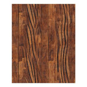 Luxury wool area rug with realistic wood grain pattern in amber brown with dark striations, timber plank design