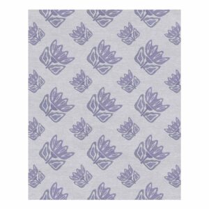 Modern wool area rug with Nordic-inspired abstract flower pattern in lilac on light grey background