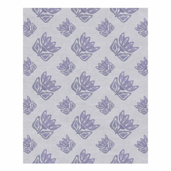 Modern wool area rug with Nordic-inspired abstract flower pattern in lilac on light grey background