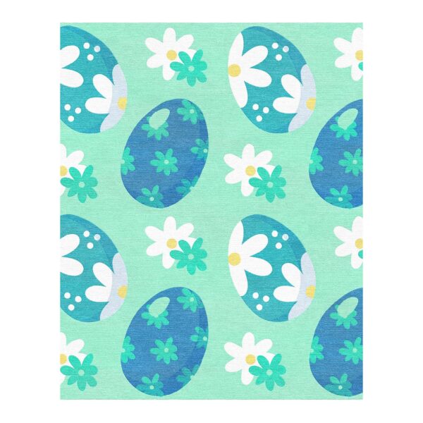 Easter themed wool tufted rug with blue decorated eggs and white daisies on mint green background, seamless floral pattern, 8x10 feet