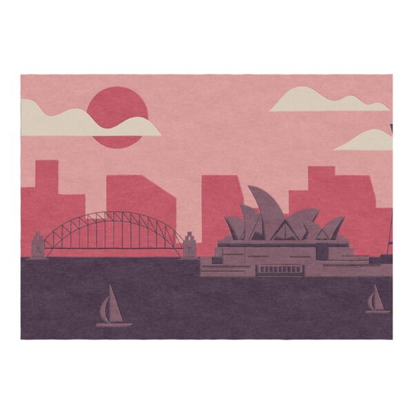 Sydney Harbour wool tufted area rug featuring Opera House and Bridge in sunset colors with sailing boats