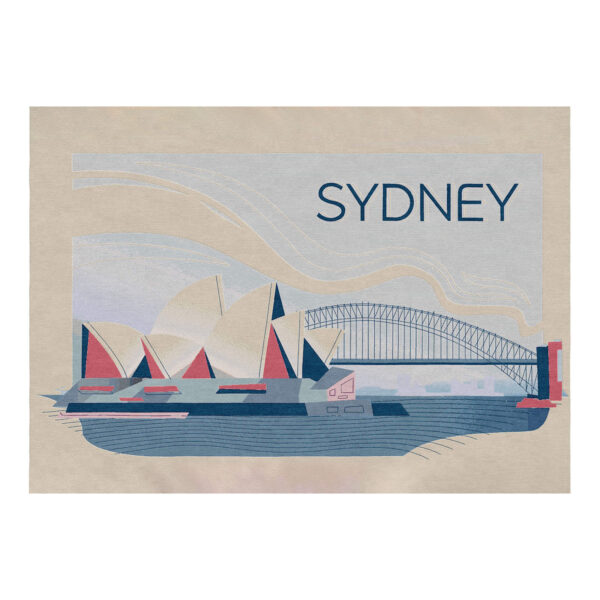 Sydney Landmark Wool Tufted Area Rug featuring Opera House and Harbor Bridge in navy and coral pink art deco design