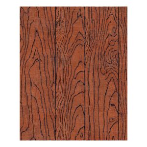 Luxury wool area rug featuring natural wood grain pattern in terracotta brown with contrasting navy lines