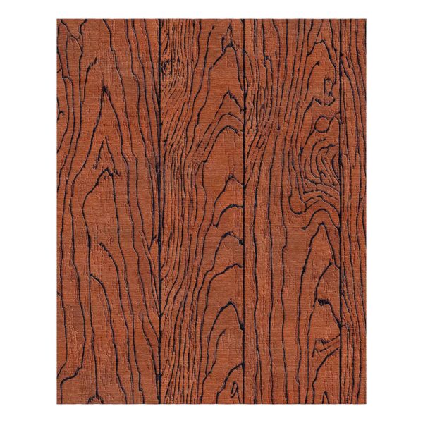 Luxury wool area rug featuring natural wood grain pattern in terracotta brown with contrasting navy lines