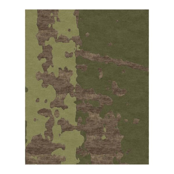 Custom tufted wool rug with abstract camouflage pattern in shades of green and brown, 8x10 ft