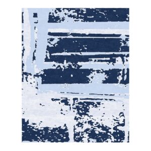 Custom tufted rug with abstract cityscape pattern in navy, sky blue, and white, size 8'x10'