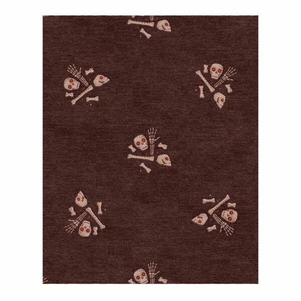 Custom tufted wool rug with gothic skull and bones pattern on dark brown background, 8'x10'