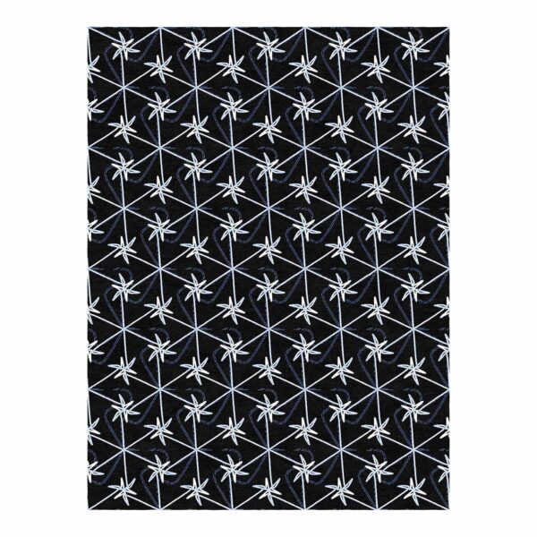 Custom tufted rug with star-like geometric pattern in black, white, and navy, size 9'x12'