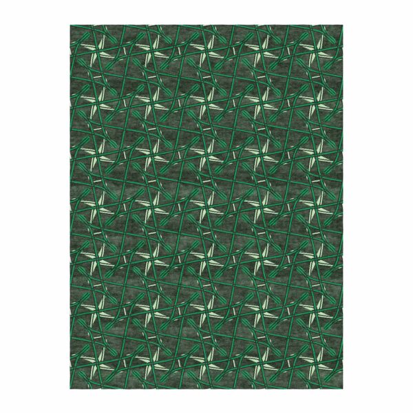 Custom tufted wool rug with geometric lattice pattern in seaweed green on charcoal background, 9x12 ft